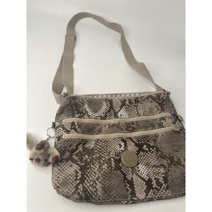 Kipling Crossbody Bag Nylon Tan/Brown Tonal Snake Print 12x10